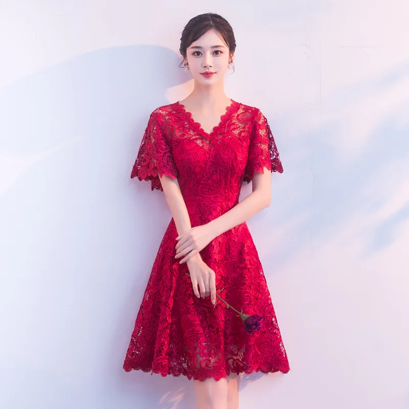Новинка 2019 короткое красное элегантное Приталенное кружевное платье с коротким