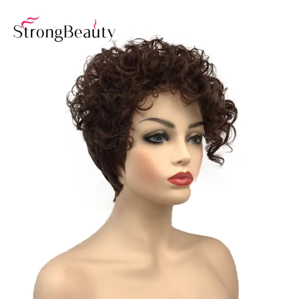 StrongBeauty Короткие вьющиеся женские парики Асимметричный сторона взрыва Синтетические волосы термостойкий парик