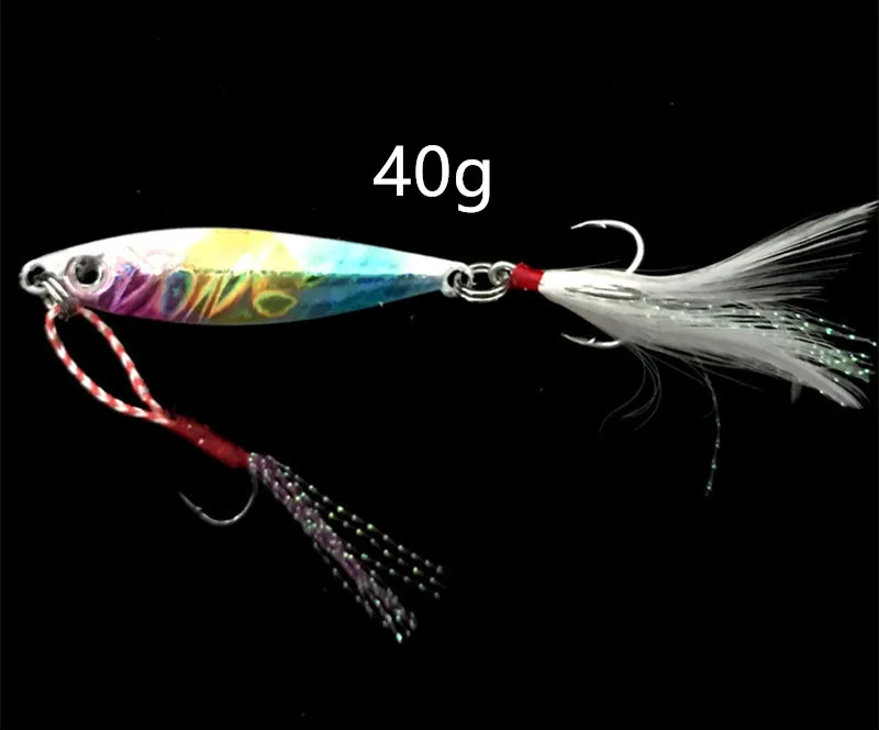 40g Colorful Silver Рыболовные маленькие Джиги, приманка с двойными крючками, Shore Shot, медленная встряхивание, 10-60 г, джигбейты, искусственные металлические приманки с тройными крючками с перьями - Цвет: 40g Colorful Silver