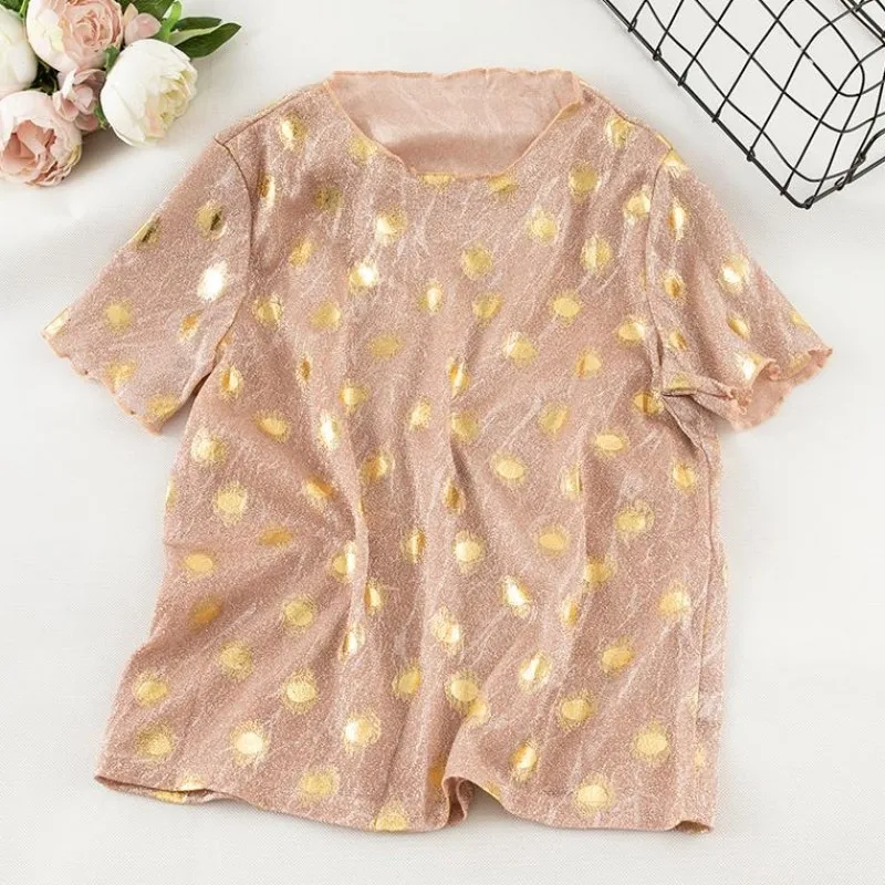 Женская Блестящая шелковая футболка с коротким рукавом и круглым воротником