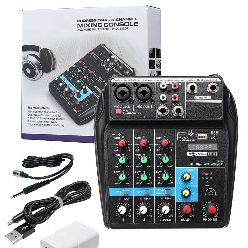 Портативный микшерный пульт A4, аудио микшер, bluetooth, запись 48 В, Phantom power Effects, 4 канала, аудио микшер с USB