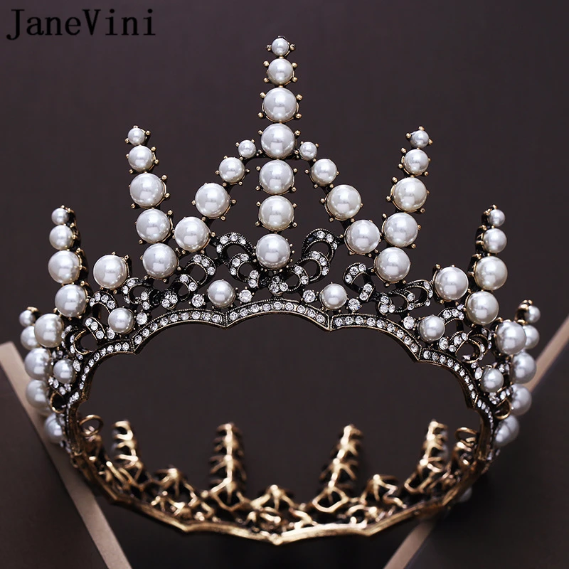 

JaneVini Vintage Baroque Gold Beaded Pearls Wedding Crowns Queen Tiaras Princess Crown Headband Bridal Hair Jewelry Accessories