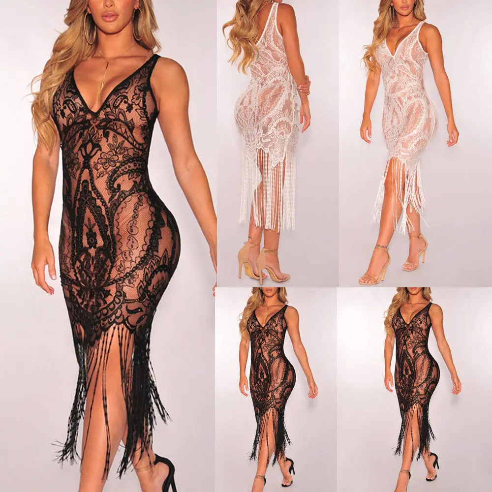 

2019 Brand New Summer Ladies Women Sexy Lace Tassel Bikini Swimwear Cover Up Summer Mini Bodycon Dress Beach