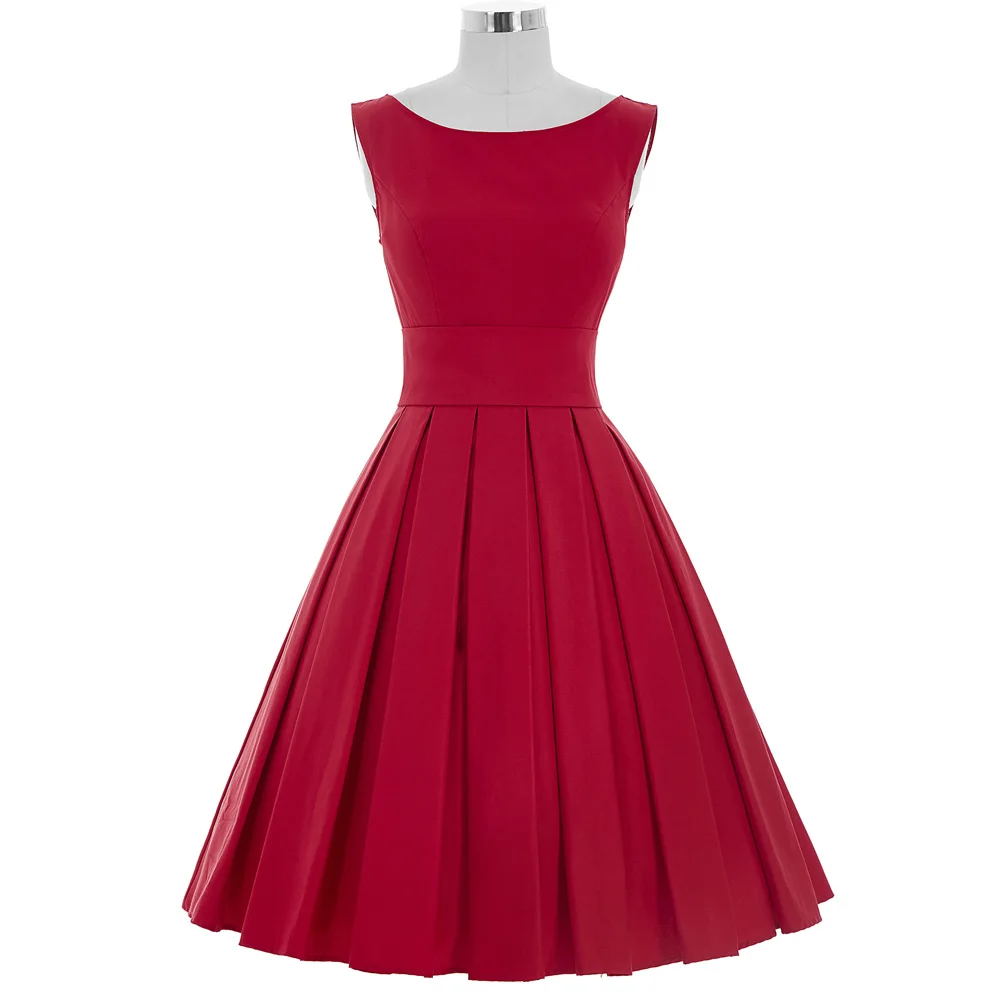 Женское плиссированное платье в стиле ретро без рукавов с круглым вырезом |