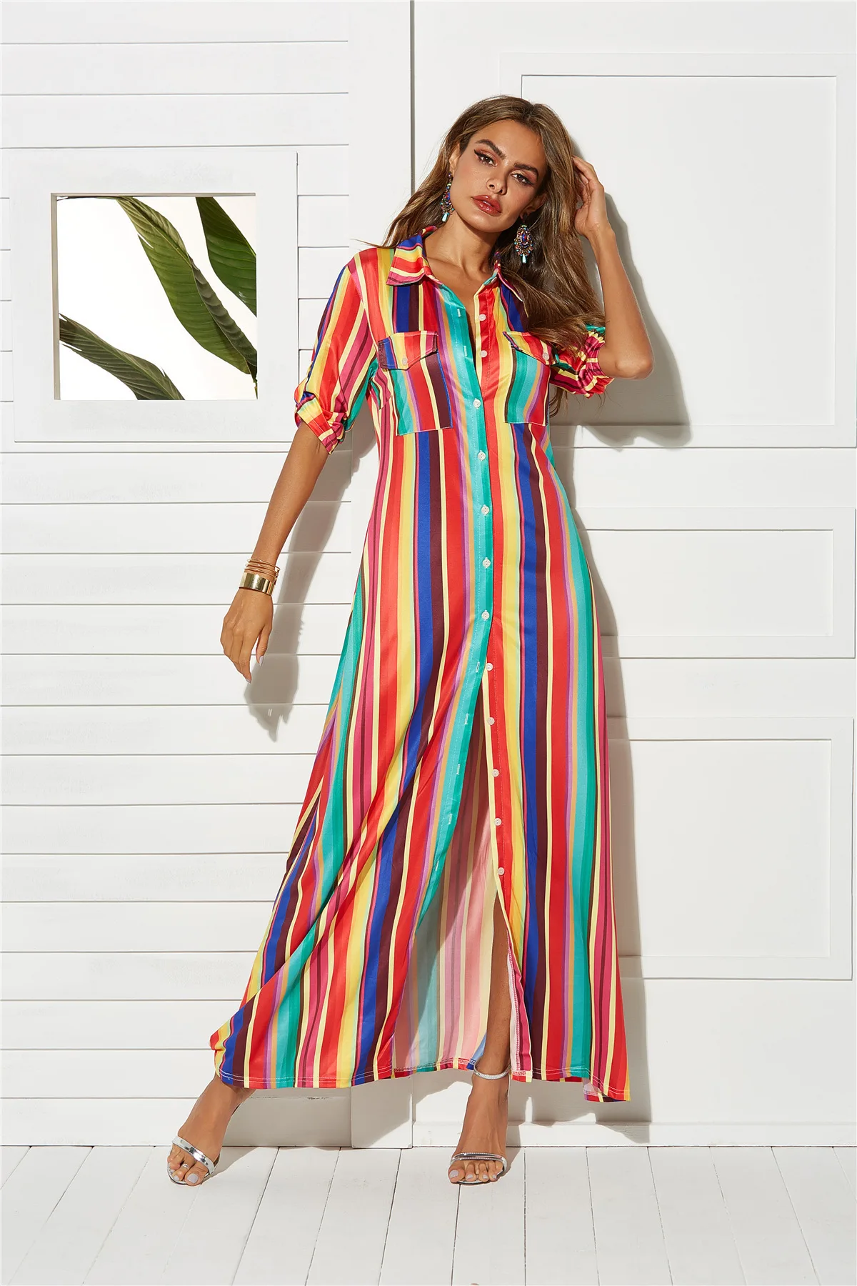 Женское длинное платье в полоску офисное рубашка с отложным воротником и