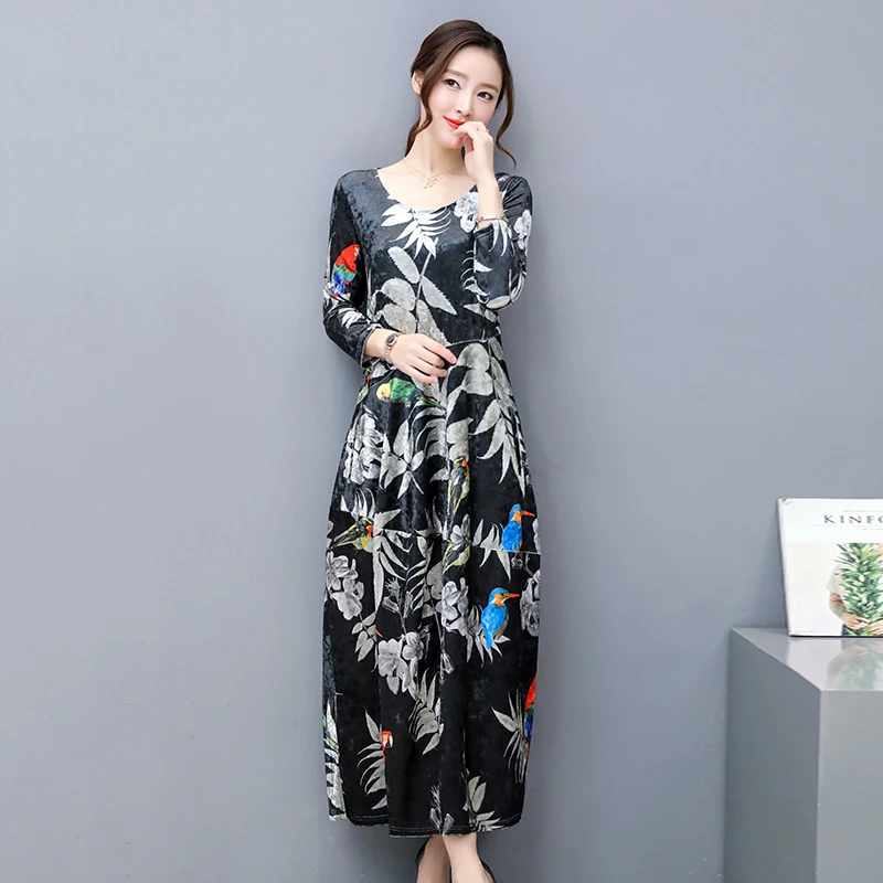 Женское бархатное платье с принтом винтажное рукавом три четверти и круглым