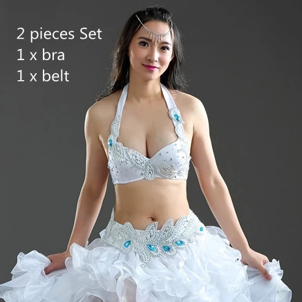 White 2pcs Set Профессиональная Одежда для танцев, костюм для танца живота, комплект с бюстгальтером из бисера, чашка B/C, волнистая юбка, египетские женские костюмы для танца живота - Цвет: White 2pcs Set