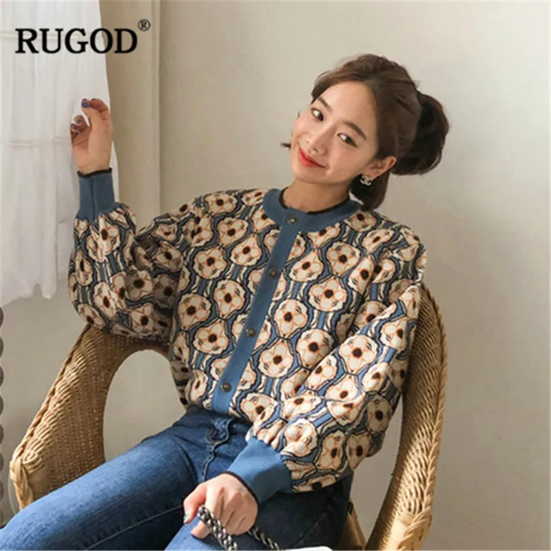 Женский винтажный свитер RUGOD с длинным рукавом и круглым вырезом цветочным