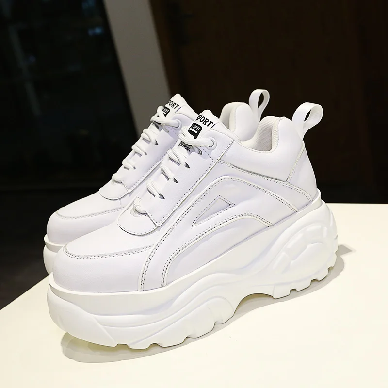 Женские кроссовки на платформе черные/белые дышащие кожаные спортивная обувь