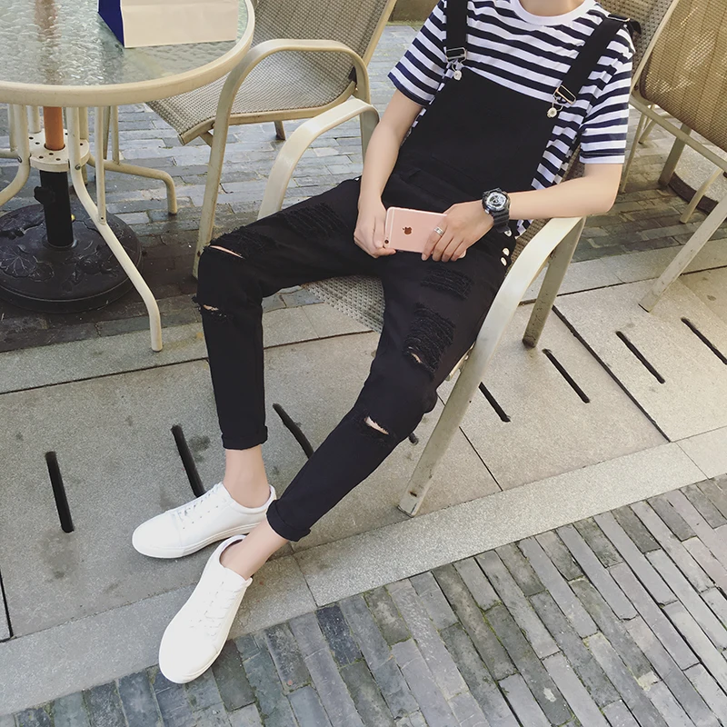 2017 Для мужчин S Комбинезон черный белый цвет осень-весна рваные узкие Комбинезоны