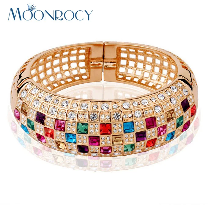 

MOONROCY Zirconia Free Shipping Austrian Crystal Bracelet Fashion Jewelry Wholesale pink Gold Color for Girl women Gift