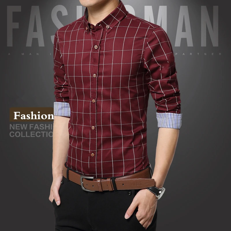 100% хлопок Рубашки в клетку Для мужчин рубашка Бизнес Slim Fit социальные рубашки Топ
