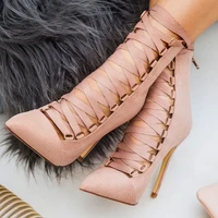 women pumps fashion lace up pointed toe high heels ladies wedding shoes nude suede party shoes female stiletto heels