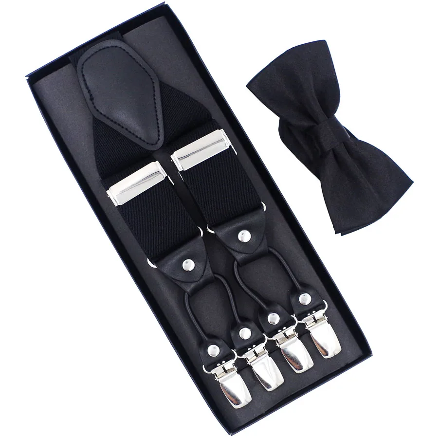 

New Suspenders Set leather 6 Clips Braces with Bow Tie Vintage Casual Suspensorio Trousers Strap Father/Husband's Gift