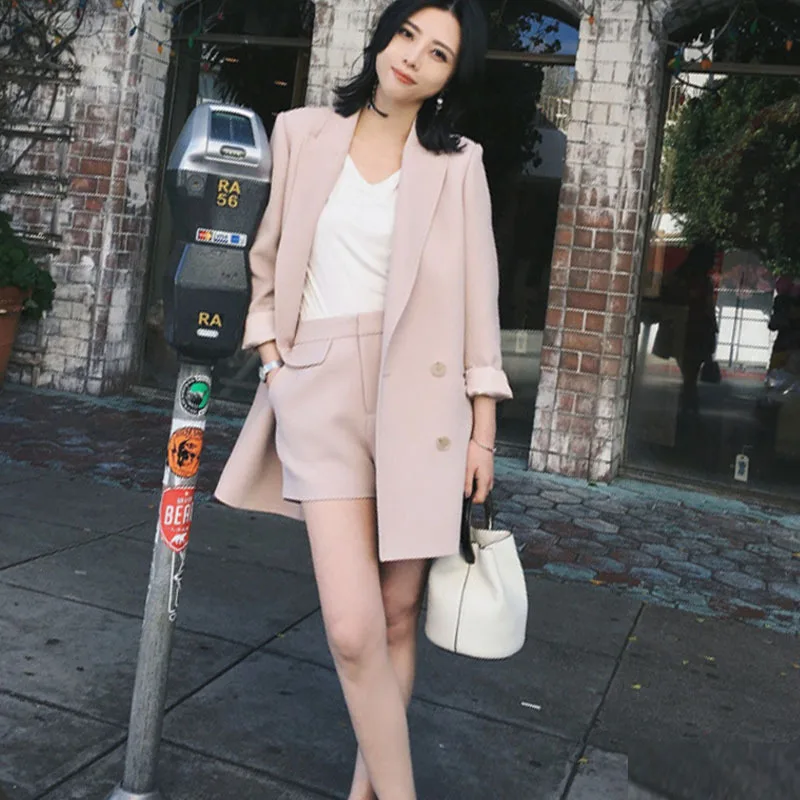 Женский длинный костюм корейский Повседневный маленький пиджак шорты комплект