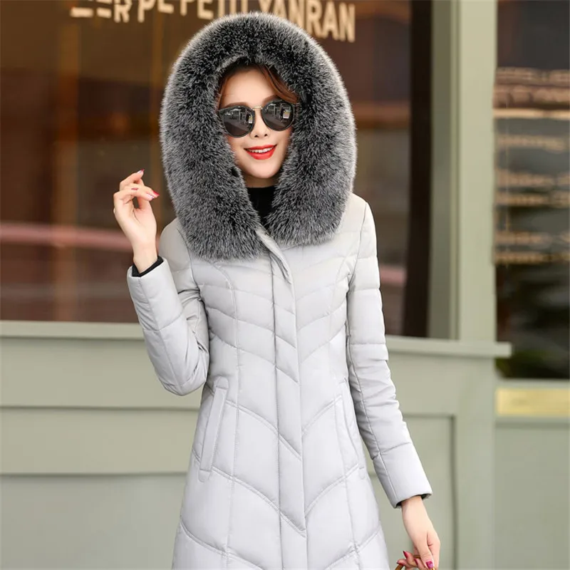 Зимний кожаный пуховик для женщин средней длины из овечьей кожи парки Новая