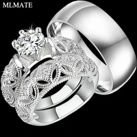 princess style cubic zirconia hollow out silver color ring sets for women mens 8mm classic stainless steel wedding ring