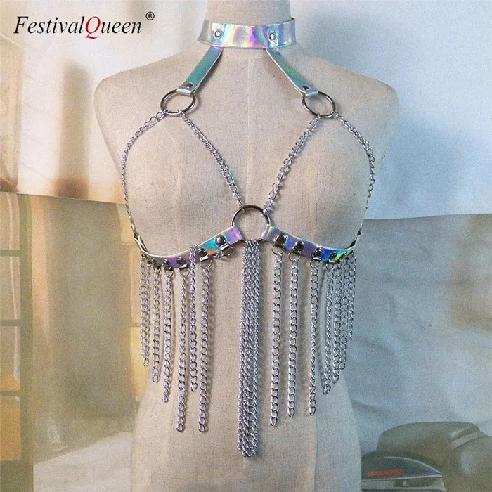 FestivalQueen,, ручная работа, готический, с кисточками, на цепочке, Обрезной Топ, голографические ремни, голограмма, радуга, ПВХ, винил, связывание, топы - Цвет: yin se