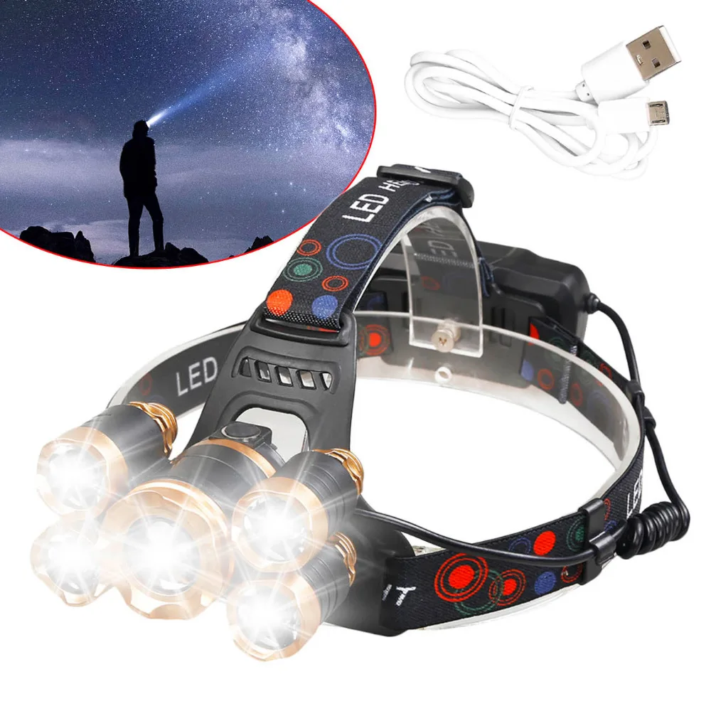 Outdoor Waterproof 15000LM 5-LED T6 USB LED Headlamp Rechargeable Zoom HeadLight 5 Modes Torch + 18650 Battery Cable | Освещение