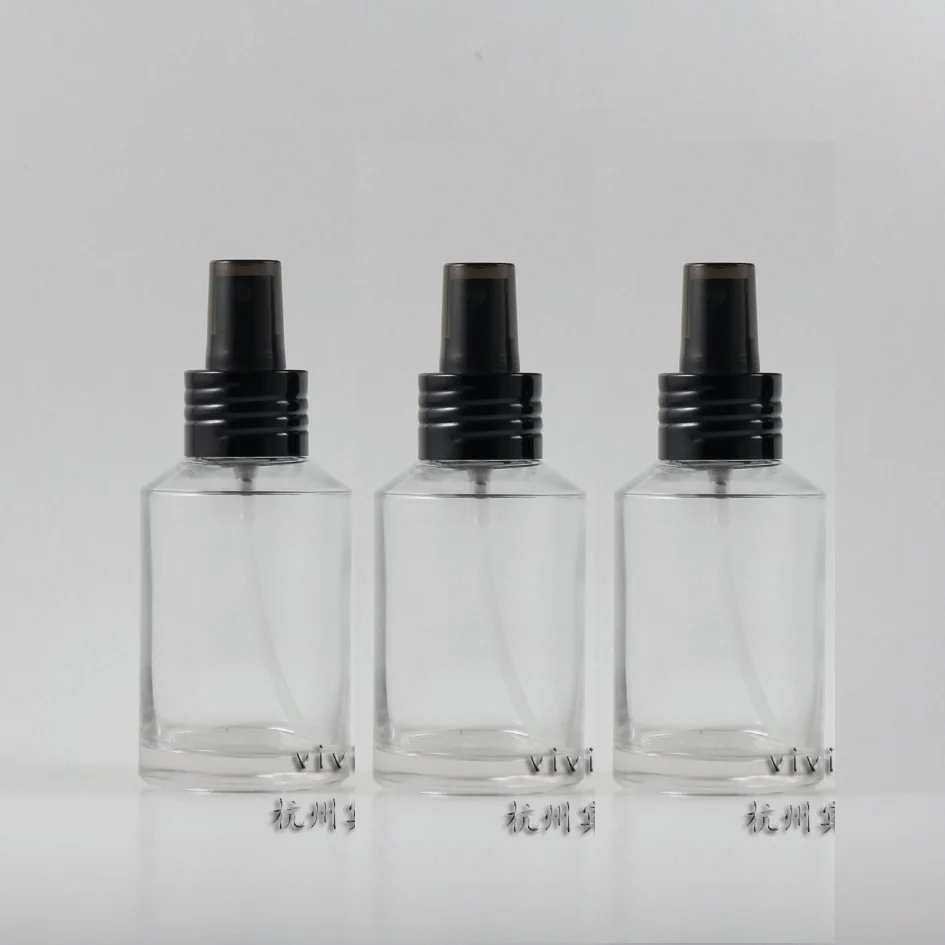 50pcs wholesale 125ml round clear refillable perfume bottle with aluminum black atomizer, perfume glass package
