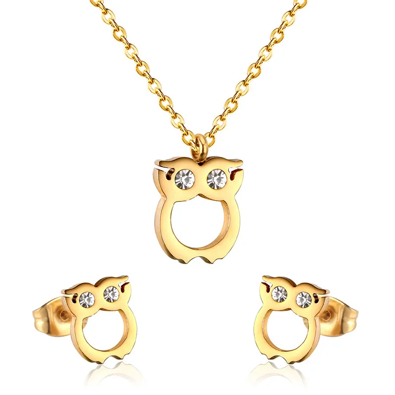 gold LUXUSTEEL элегантные ювелирные изделия наборы белый/черный кубический цирконий сова кулон ожерелье серьги женский Bijoux праздничная одежда оптом подарок - Окраска металла: gold