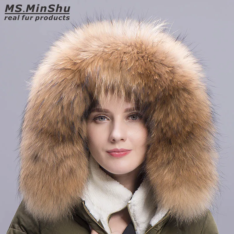 Пуховик MS. MinShu с большим меховым воротником из меха енота и капюшоном большой