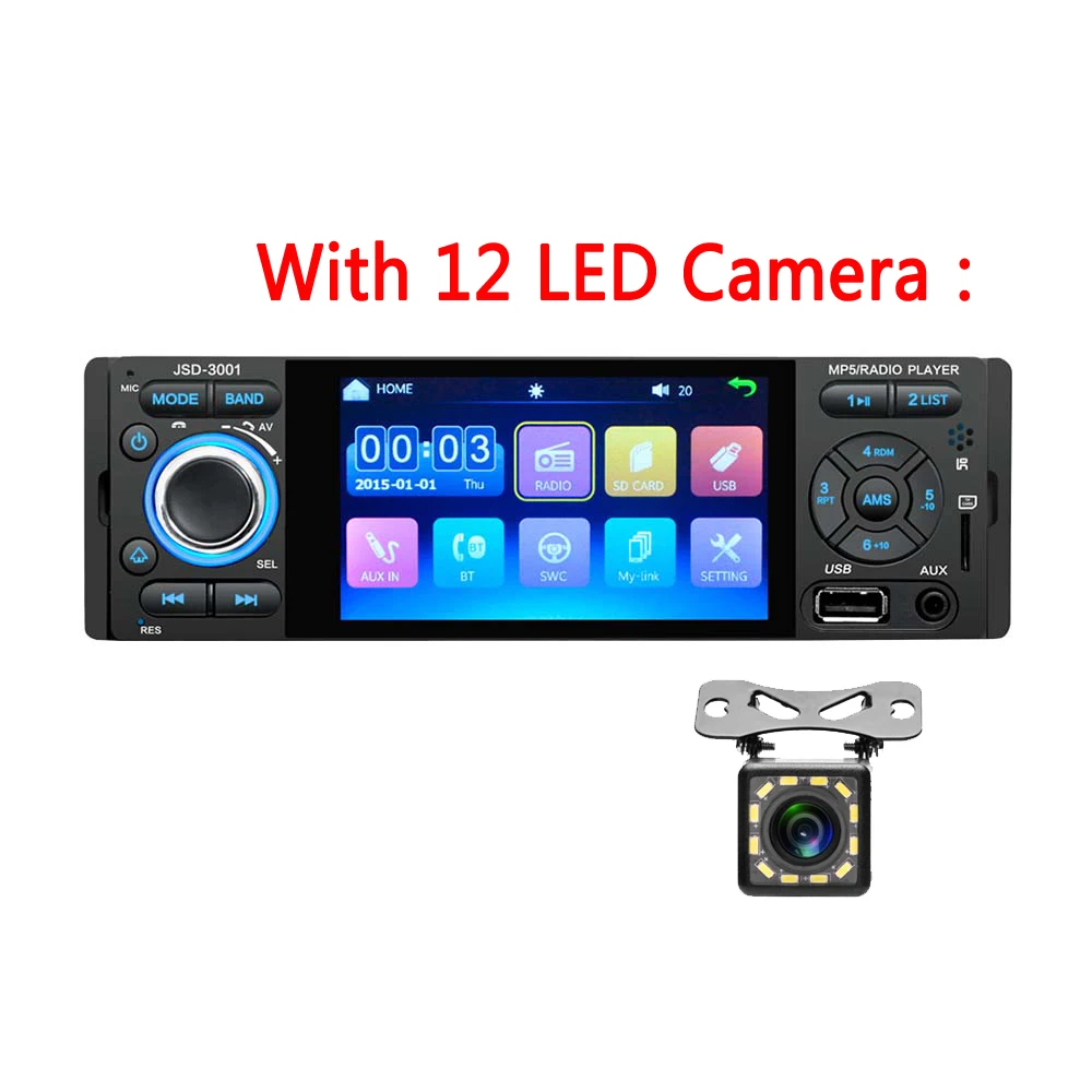 With 12 LED Camera Podofo Автомагнитола 1 Din Авторадио 4 дюймов сенсорный экран Авто аудио стерео Мультимедийный Плеер Зеркало Ссылка Bluetooth USB AUX FM SWC - Цвет: With 12 LED Camera