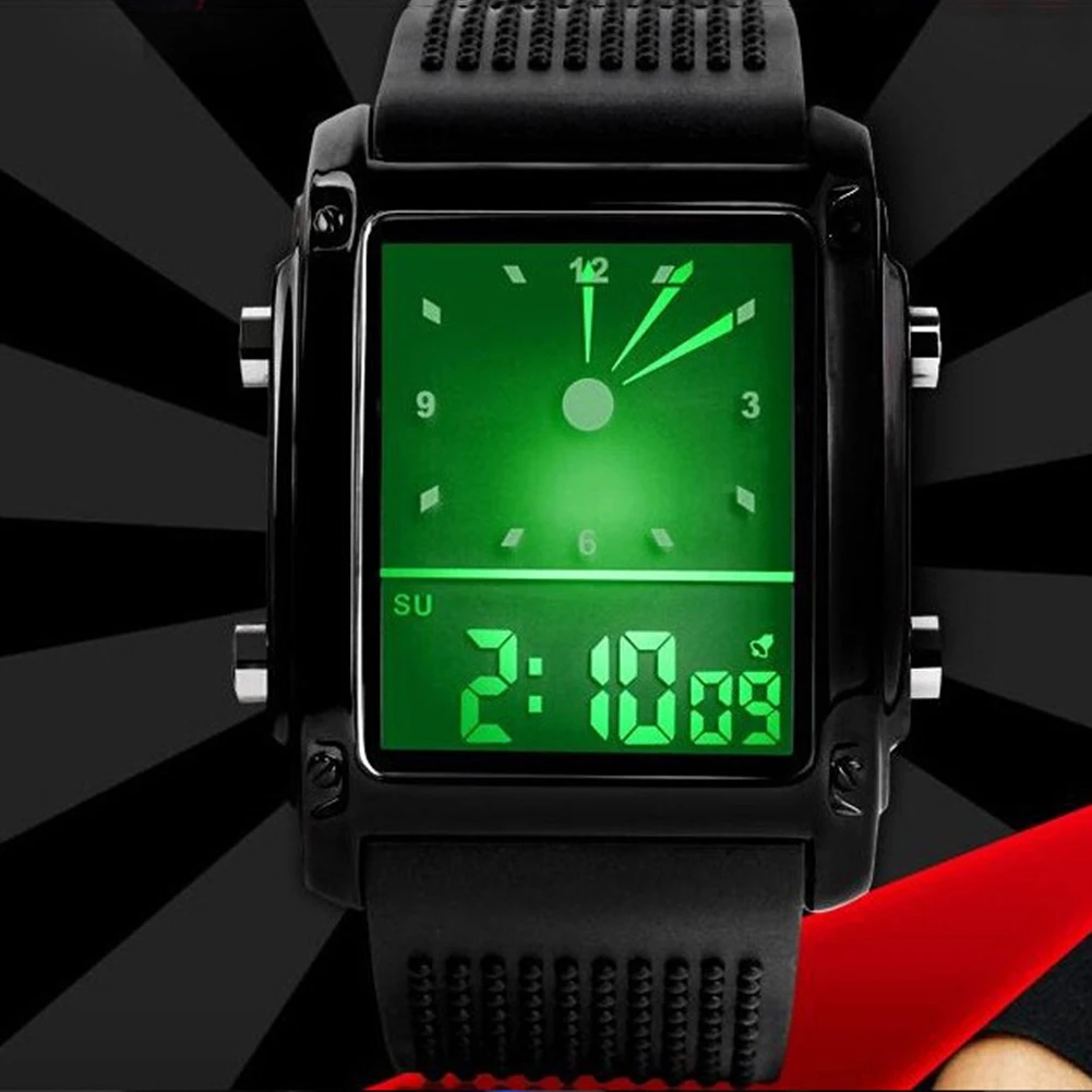 

2018 Popular Brand Luxury Men Square Dial Dual Time Day Display Alarm Colorful LED Sports Wrist Watch