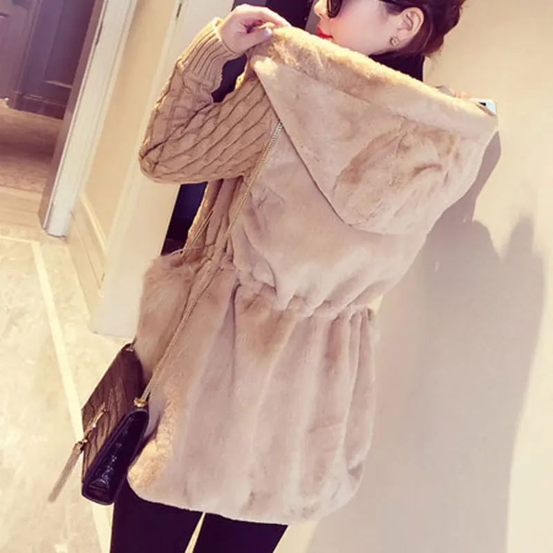 

HEE GRAND Faux Fur Coat Women 2018 Winter Plus Size S-4XL Hooded Outwear Patchwork Thick Warm Luxury Knitted Coats WWC159