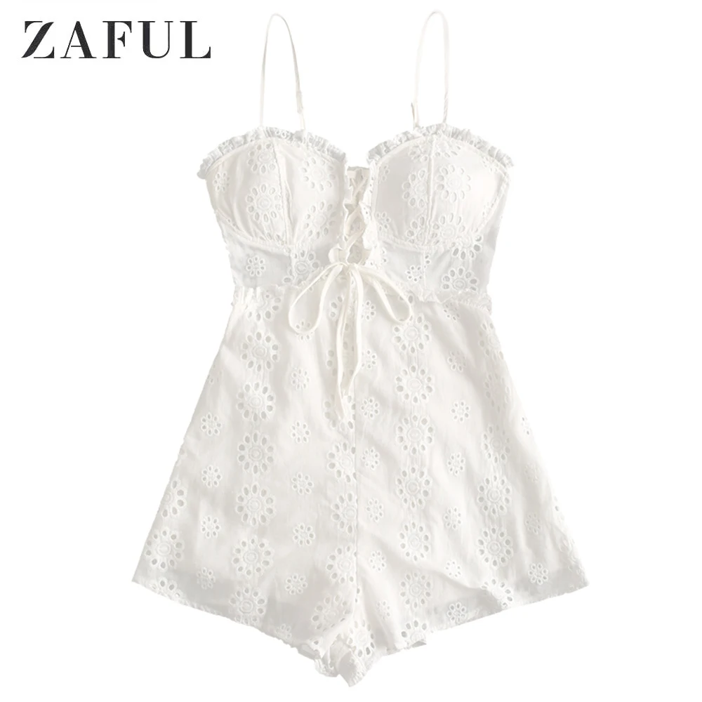 ZAFUL женские костюмы летний элегантный сексуальный комбинезон для вечеринки на тонких бретельках со шнуровкой Повседневный хлопковый Британский Винтажный кружевной комбинезон - Цвет: White