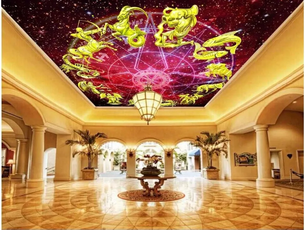 

Custom photo 3d ceiling murals wall paper Star gold 12 zodiac signs decoration painting 3d wall murals wallpaper for walls 3 d