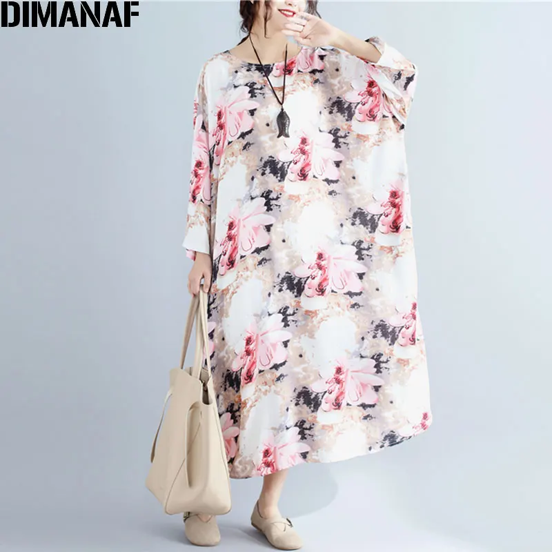 DIMANAF Plus Size Autumn Women Dress Linen Floral Print Vintage Casual Female O Neck Pink Oversize Elegant Large Thin 5XL|Женские