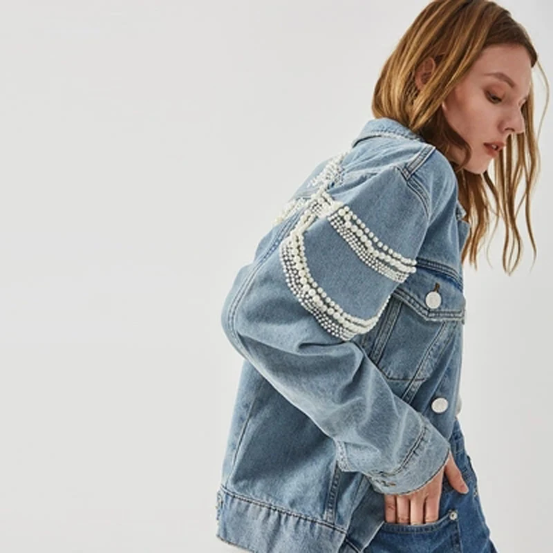 Джинсовая куртка с роскошной вышивкой и жемчугом женская уличная одежда