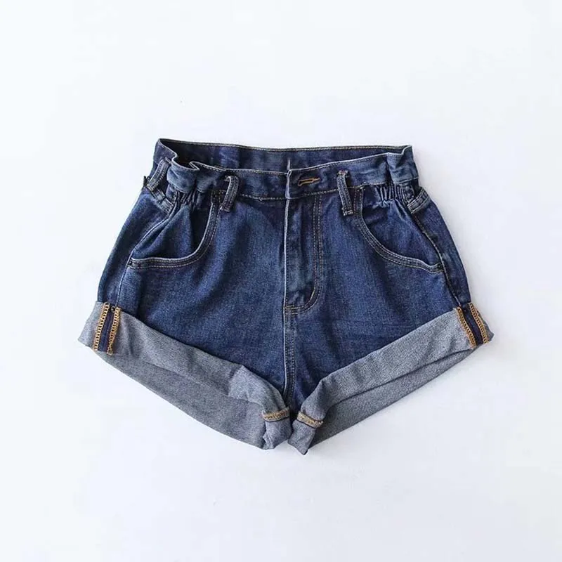 Лето женские плиссированные закругленные шорты модные шорты из денима женские джинсовые повседневные шорты с высокой талией с разрезом по низу джинсовые шорты для женщин - Цвет: Navy blue