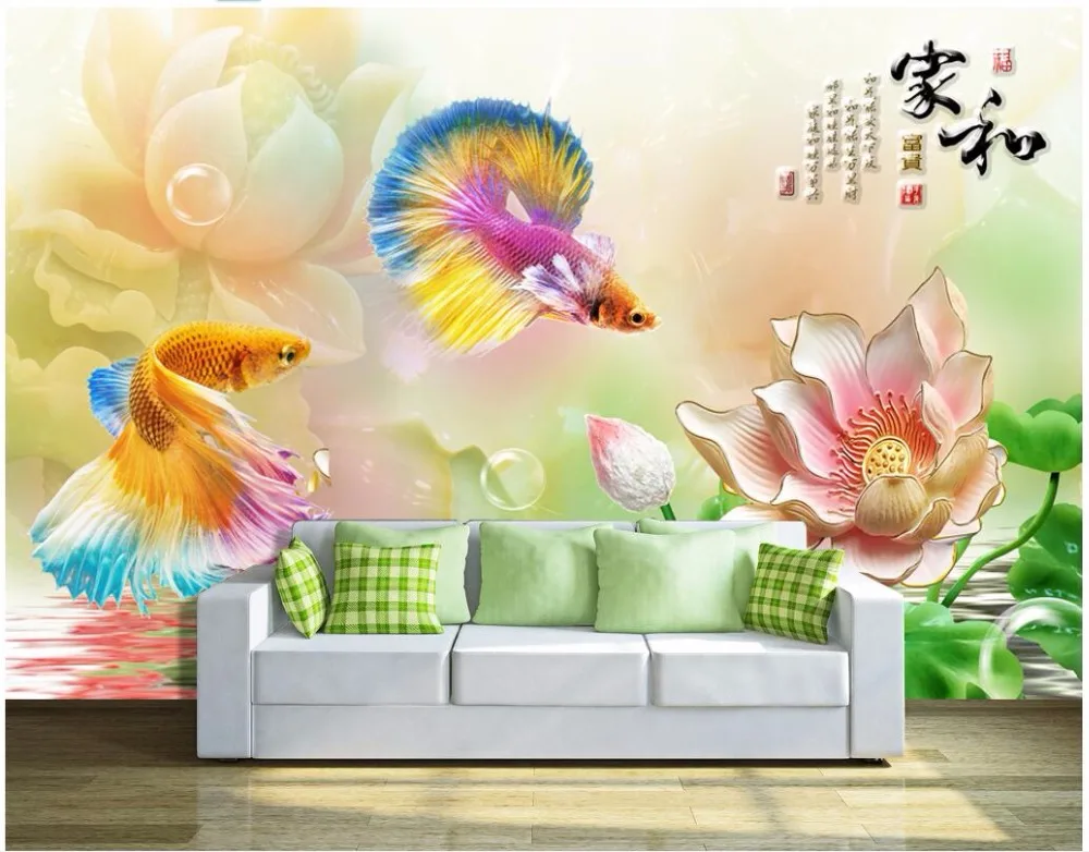 Custom mural 3d photo wallpaper Carp lotus background wall living room painting murals for walls 3 d | Обустройство дома