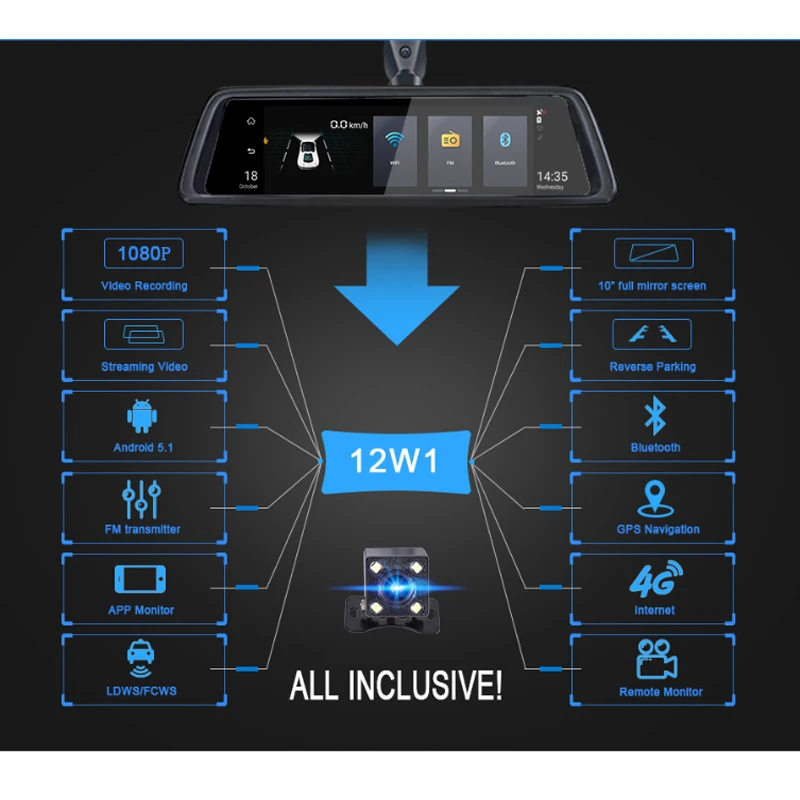 Автомобильный видеорегистратор 4G Car DVR с экраном 10" на Android с функцией стриминга, GPS, Bluetooth, WIFI, ADAS, камерой заднего вида и специальным креплением на зеркало заднего вида.
