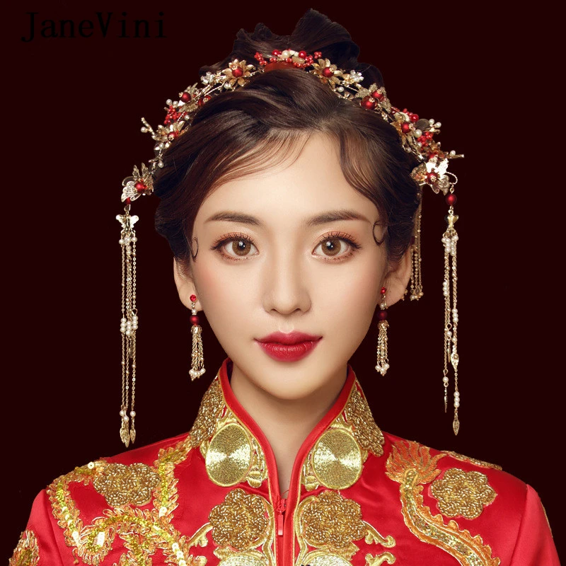 

JaneVini Vintage Chinese Style Red Bridal Headwear with Earrings Costume Floral Hairpins Beaded Coronet Wedding Hair Accessories