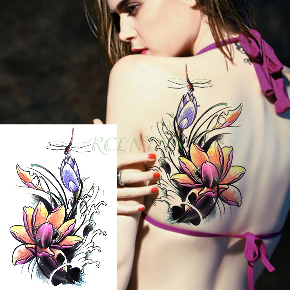 

Waterproof Temporary Tattoo Sticker dragonfly lotus flower fake tatto flash tatoo tatouage temporaire hand foot for girl women