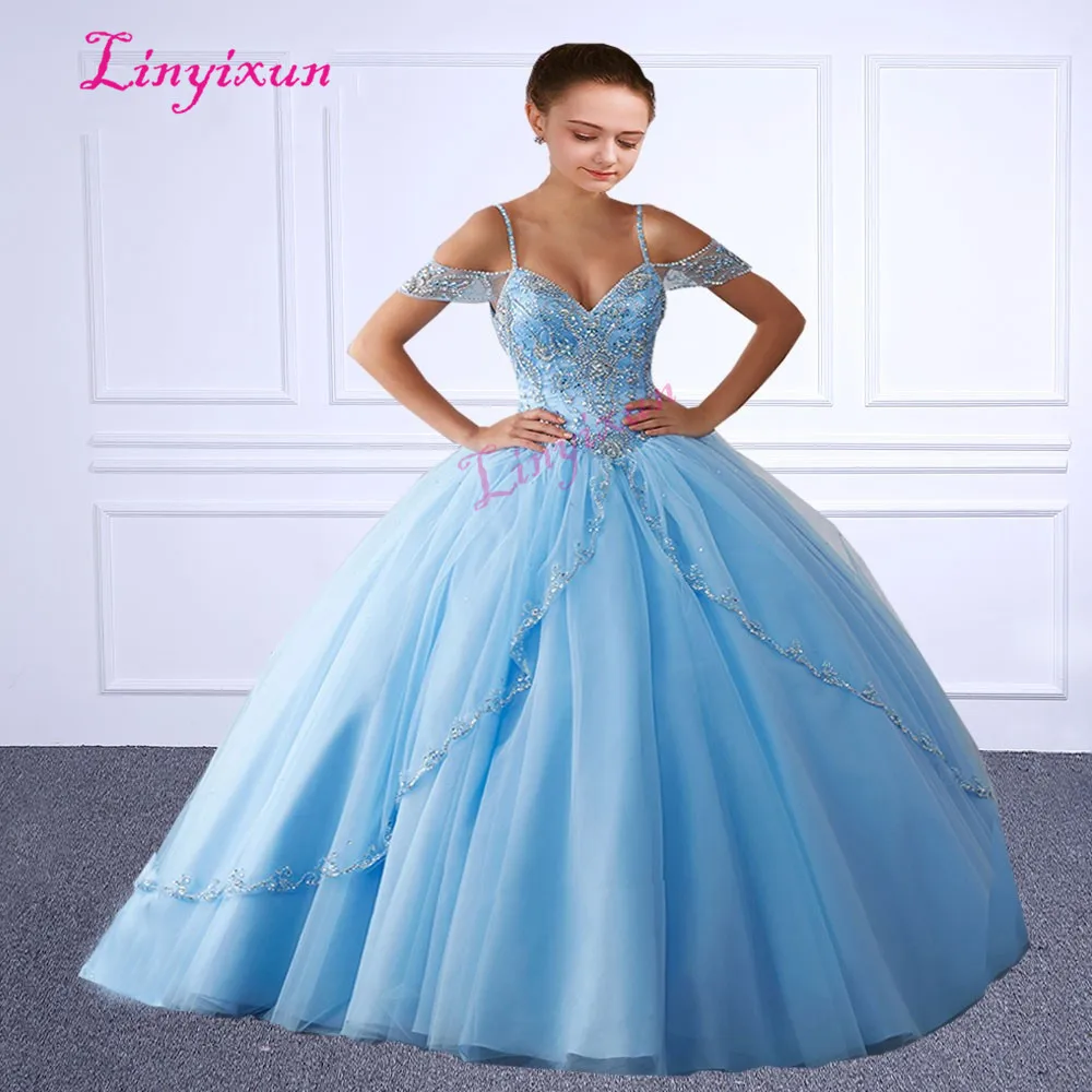 Linyixun Тюлевое бальное платье Quinceanera платья с кристаллами бисером розовое милое 16