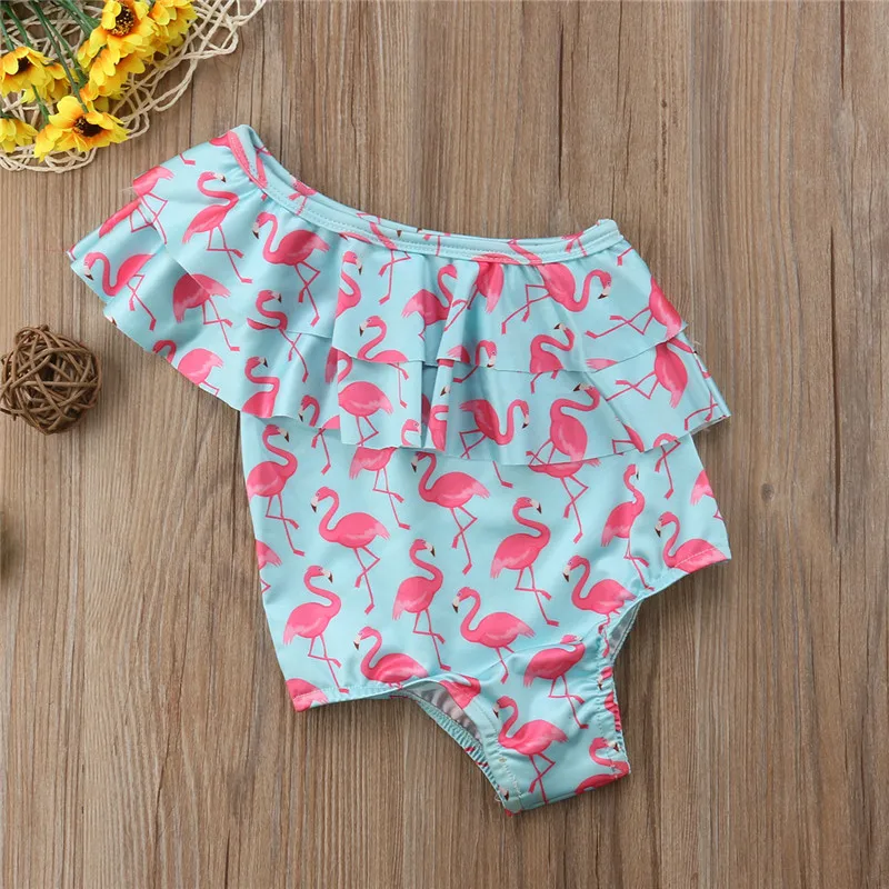 

Baby Girl Flamingos Printed Bikini 2018 New Newborn Baby Double Oblique Shoulder Collar Romper Ruffle One-piece Swimsuits Outfit