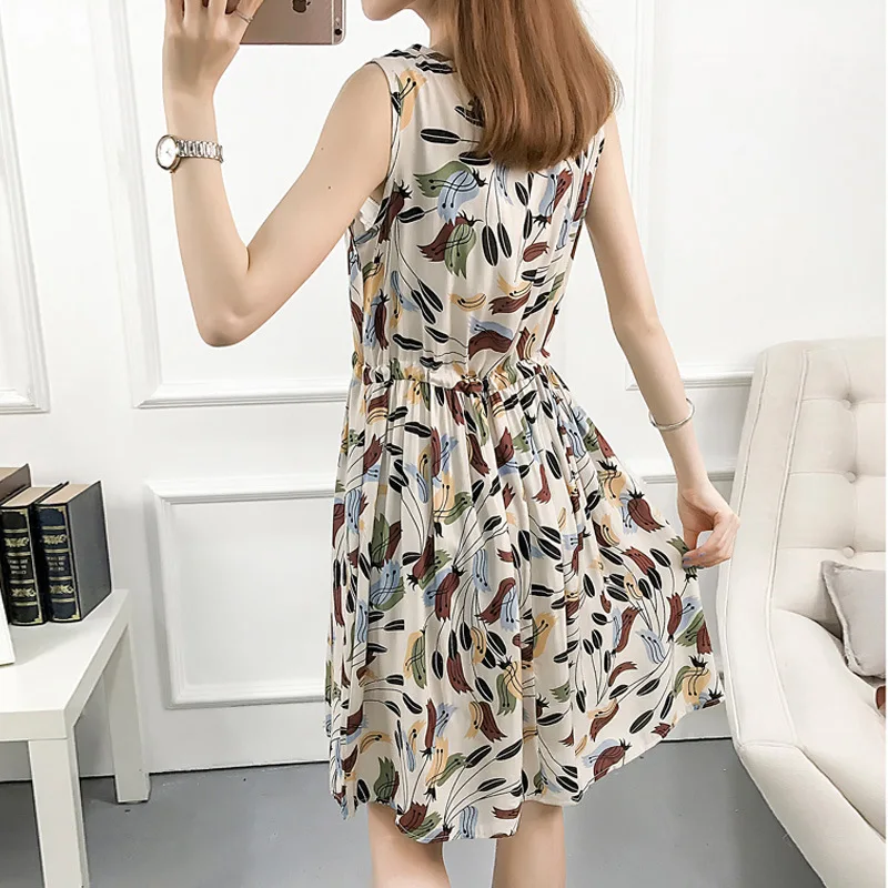 2018 Цветочный принт платье Для женщин летний сарафан без рукавов с круглым