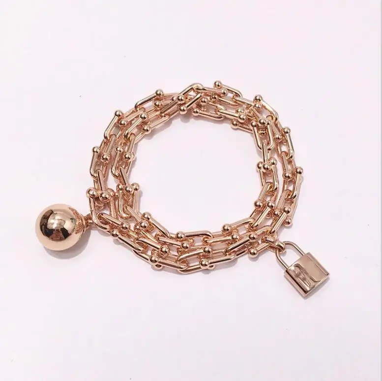 Покрытие из розового золота Armbanden voor vrouwen, титановая сталь, ювелирные изделия, Т-образная буква, u-образная цепочка, замок, шар, висящий, двойной браслет - Окраска металла: Покрытие из розового золота