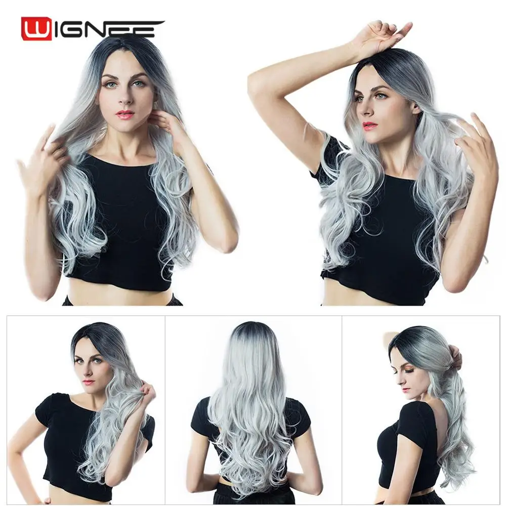Ombre Grey Wignee средняя часть синтетические парики для женщин термостойкие длинные волнистые парик натуральный черный/фиолетовый/розовый/Пепельный блонд/коричневый косплей парик - Цвет: Ombre Grey