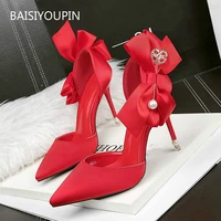 women sandals shoes bow shallow pu leather pointed toe slip on thin 10cm high heel sexy party wedding female pumps sandals shoes