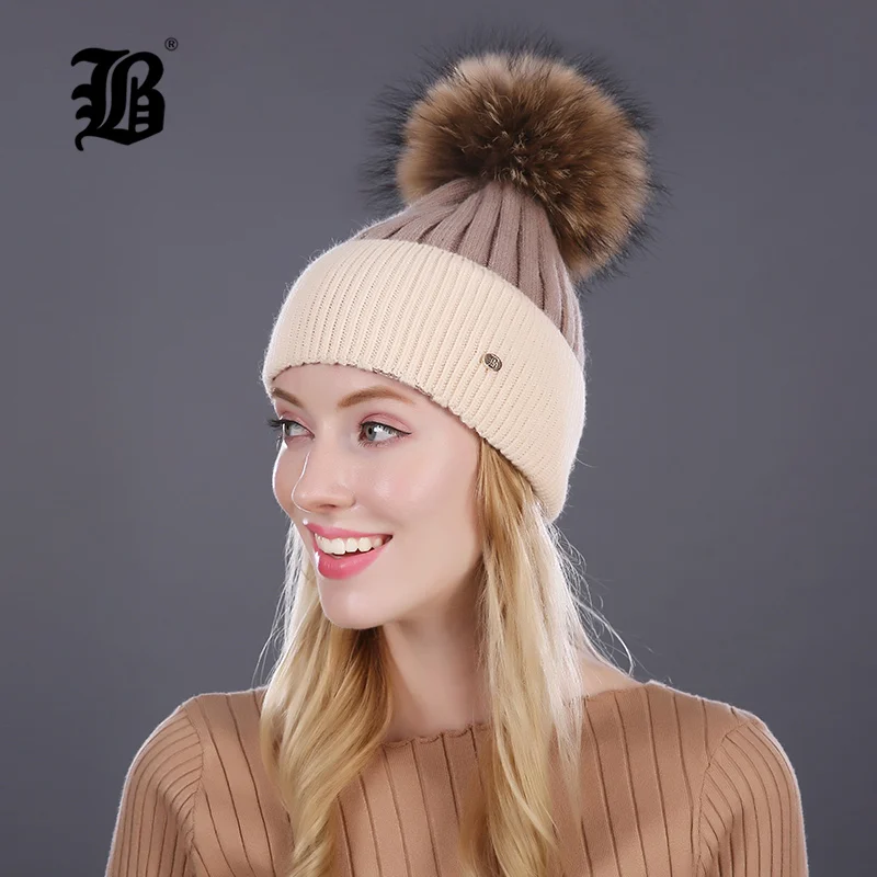 [Flb] зимняя шапка для женщин вязаный шерстяной Lady шапочки Cap Natural енота Fox меховой помпон Hat Лоскутная Женская Повседневная Skullies - Цвет: 17016 01B
