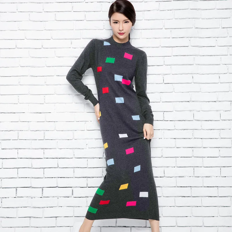 Свитер с воротником Вязание платье Для женщин вязаный длинный кашемир шерсть 2017
