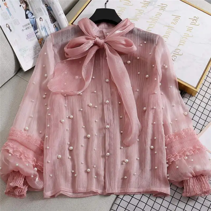 pink blouse Neploe шифоновая блуза с бусинами со стоячим воротником с бантом Рубашка с галстуком Для женщин Фонари рукавом Blusas Новинка; футболки яркие шелковые блузки 37958 - Цвет: pink blouse
