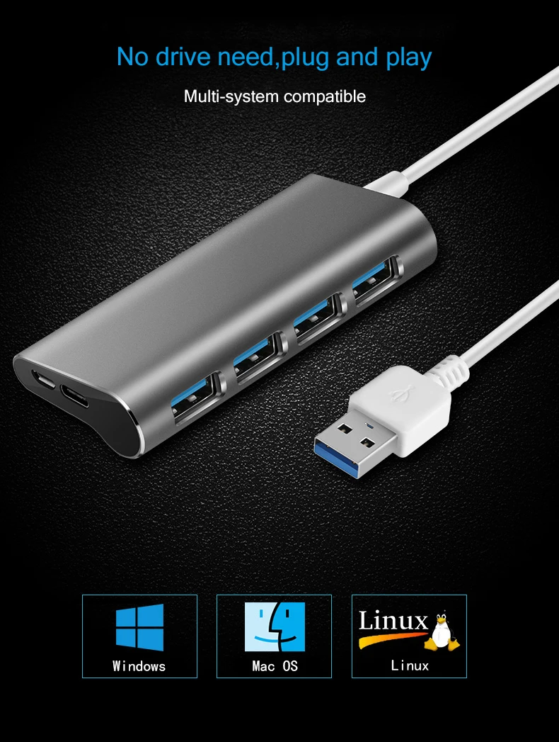 4-портовый Алюминий сплава USB 3,0 концентратор 5 Гбит/с супер Скорость 0,6 м/1 м usb-хаб Тип-C Micro Зарядка через usb разветвитель для настольного компьютера ноутбука