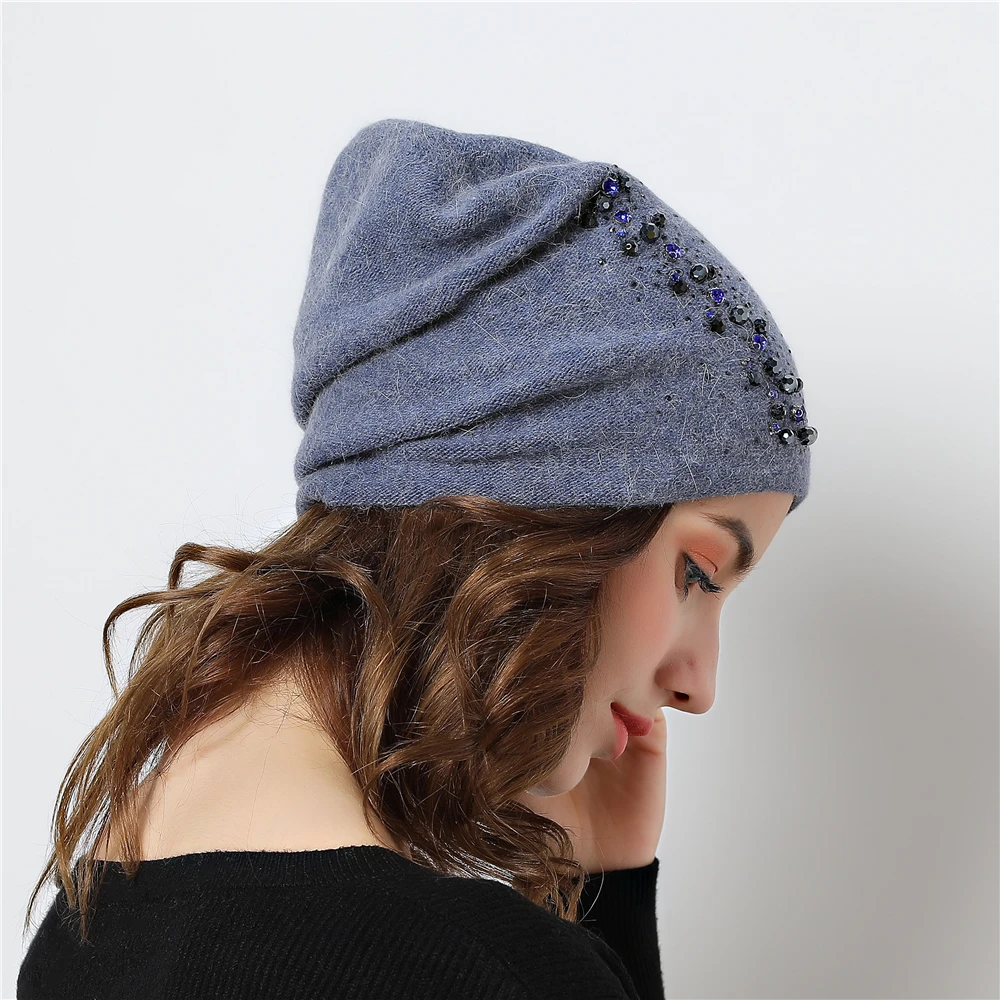 Зимние вязаные шапки для женщин Skullies Beanies с теплой подкладкой со стразами beanies шапка для женщин, хорошее качество шапки из ангорской шерсти