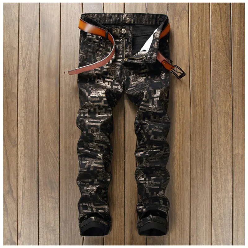 Men's fashion flower print jeans Male casual black denim pants Long trousers | Мужская одежда